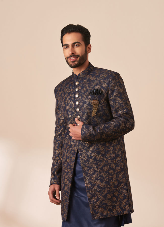 alt message - Manyavar Men Dark Blue Foil Print Indo Western image number 0